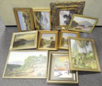 A collection of assorted oil paintings and other canvas landscapes,