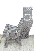 Four pairs of cast iron bench ends and one spare, including one bench back and two seat backs,