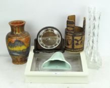 Assorted collectables, including a mantel clock, 1950's carved bongo drum, glazed display cabinet,