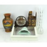 Assorted collectables, including a mantel clock, 1950's carved bongo drum, glazed display cabinet,