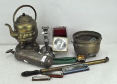A quantity of antiques and metalware, including an Eastern brass kettle and stand,