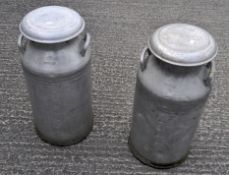 Two vintage two-handled aluminium milk churns, Trifolet, Grundy, Teddington Ltd.