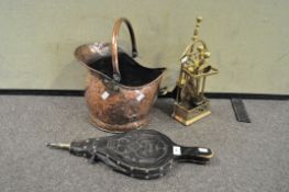 A Victorian copper coal bucket, together with brass fire irons set and a bellows,