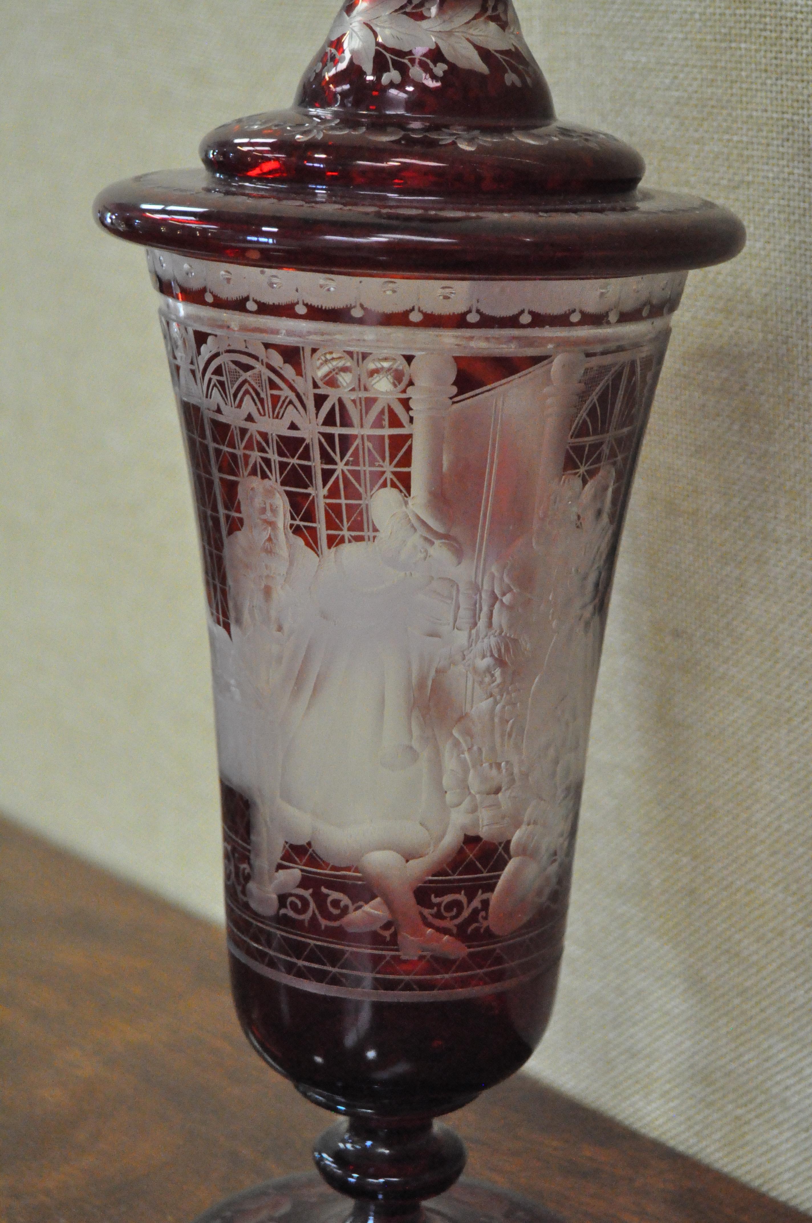 A late 19th century Bohemian ruby glass lidded vase, - Image 2 of 5