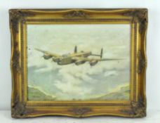 John Evans, print on canvas depicting a WWII Lancaster bomber, in giltwood frame,