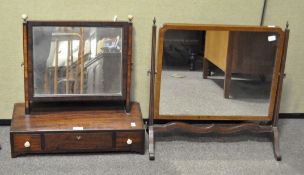 Two Edwardian mahogany toilet mirrors, one on a stand with splayed legs, 56 x 56 cm,