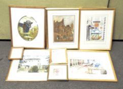 A large quantity of watercolour paintings including an interior scene, a bull, a country house,