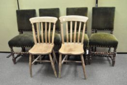 Four oak dining chairs with barley twist legs; together with two ladder back chairs,
