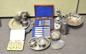 A large collection of silver plated wares including dishes, a coffee pot, a charger,
