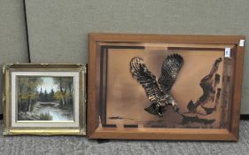 A contemporary polished copper plaque featuring an eagle in flight, framed,