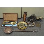 A collection of assorted brass and metalware including a charger decorated with a ship,