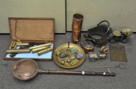 A collection of assorted brass and metalware including a charger decorated with a ship,