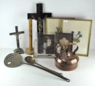 A selection of assorted collectables, including a copper kettle,