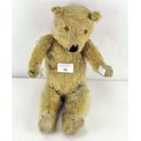 A 20th century teddy bear with golden fur, pronounced snout, stitched nose, mouth and claws,