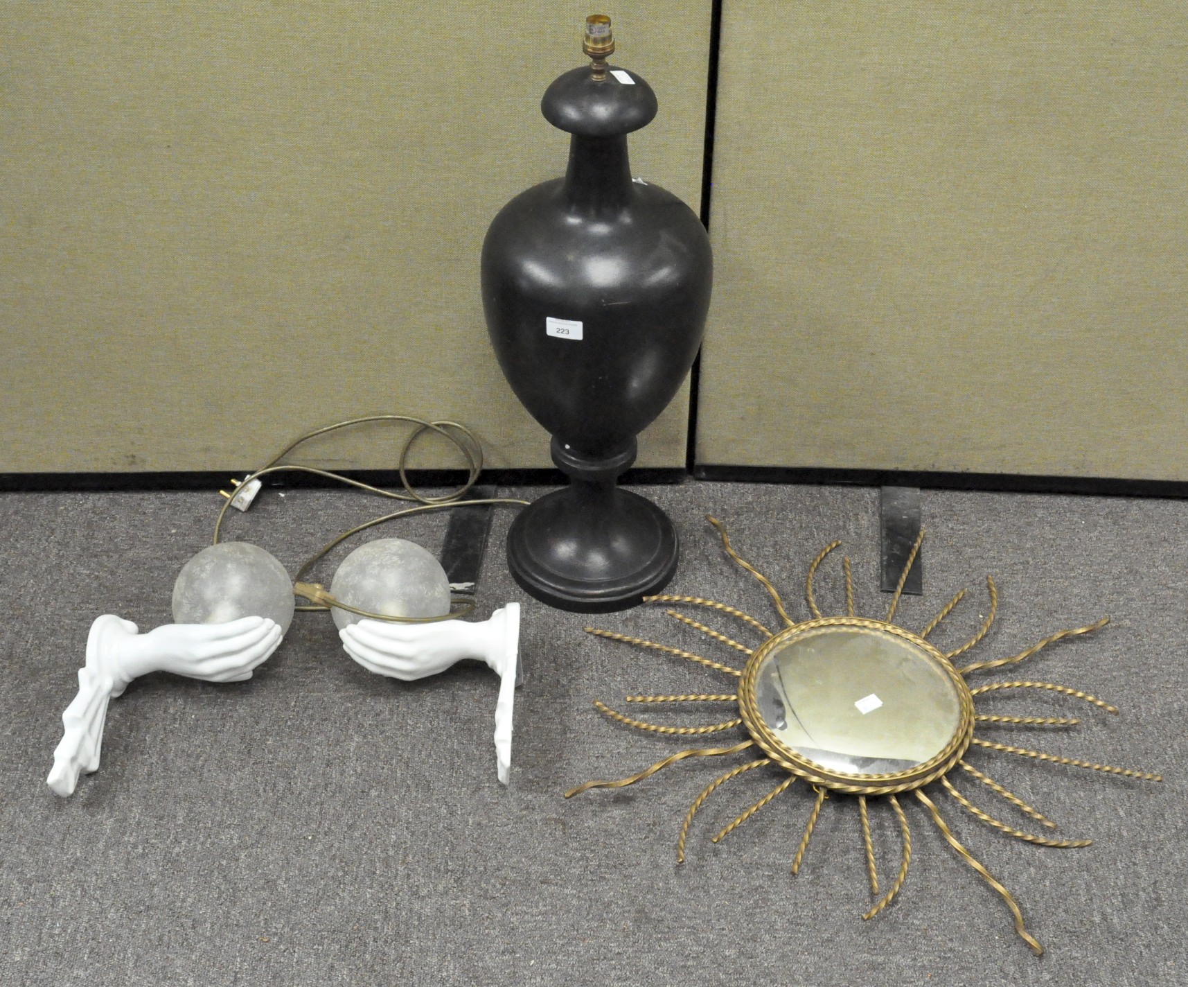 A mid-century gilt-metal sunburst twist wall mirror, with convex mirror and other items