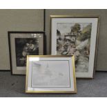 Three 20th century prints, one signed, depicting a woman with a fan, a woman with children,