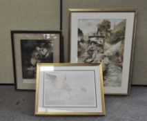Three 20th century prints, one signed, depicting a woman with a fan, a woman with children,