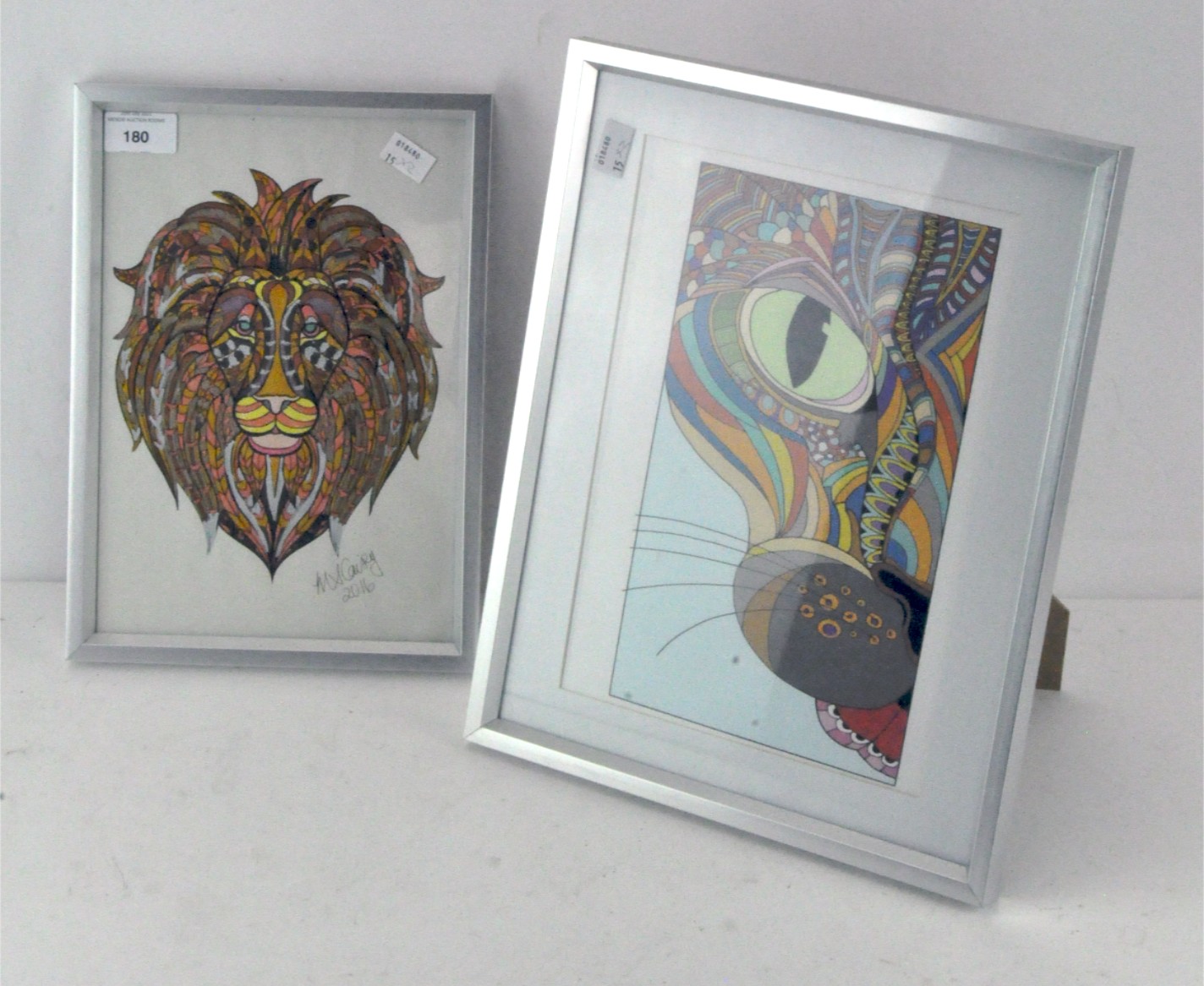 Two abstract pictures, the first of a lion, signed MS Caisey, 2016,