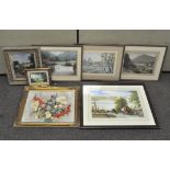 A selection of seven pictures, including four watercolours of landscapes (largest 35 x 50 cm),