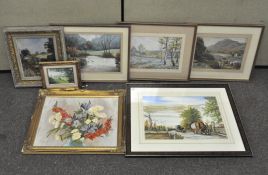 A selection of seven pictures, including four watercolours of landscapes (largest 35 x 50 cm),