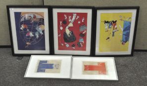 Five contemporary prints, including a small pair of prints of kimonos in silver coloured frames,