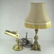 Two modern brass lamps, one with ornamental moulding, height 45 cm, with lamp shade,