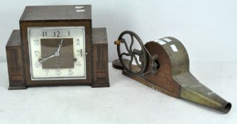 A set of late Victorian oak and brass mechanical fire bellows together with an Art Deco clock