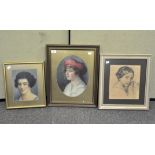 Early 20th century School, a watercolour portrait of a young woman in red berret, and other pictures