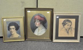 Early 20th century School, a watercolour portrait of a young woman in red berret, and other pictures