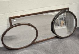 Three wooden framed mirrors, one rectangular with a bevelled edge, 270 cm x 64 cm,