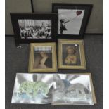 Four framed prints, comprising: Banksy, Lowry, Romney and Fragonard 39 cm x 29 cm max.