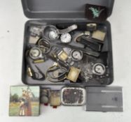 A box of assorted collectables, including a 1950's Sylva Emu brand chrome cigarette case,