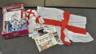 A box of England Football hats, scarves, pennants, badges and other items