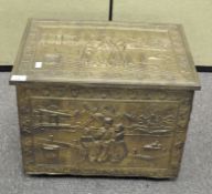 A 20th century wooden log box with hinged lid,