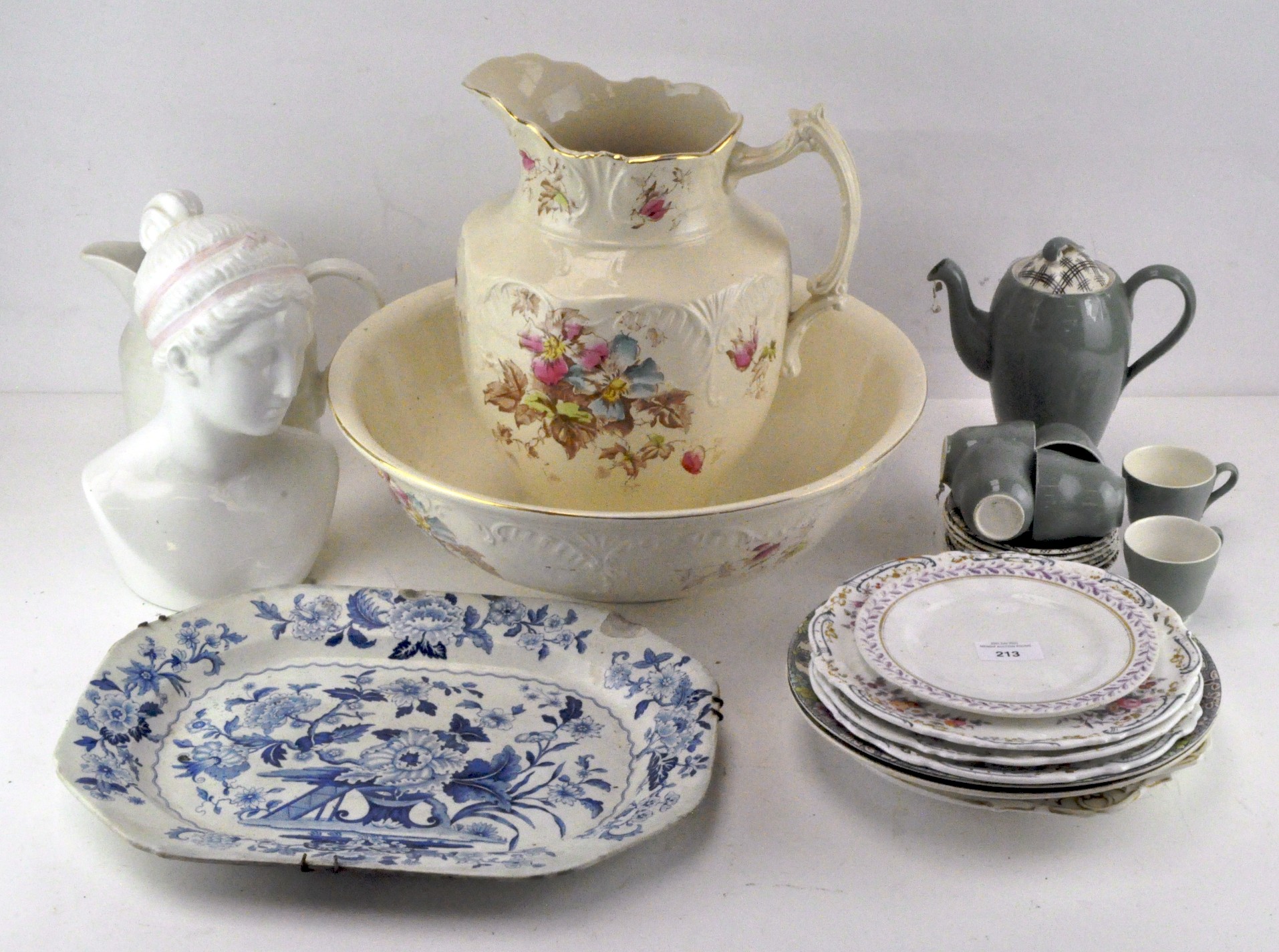 Assorted ceramics, including a pottery female bust, a Staffordshire pottery ewer and basin,