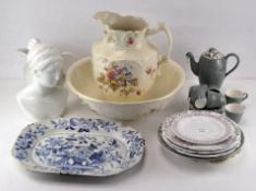 Assorted ceramics, including a pottery female bust, a Staffordshire pottery ewer and basin,