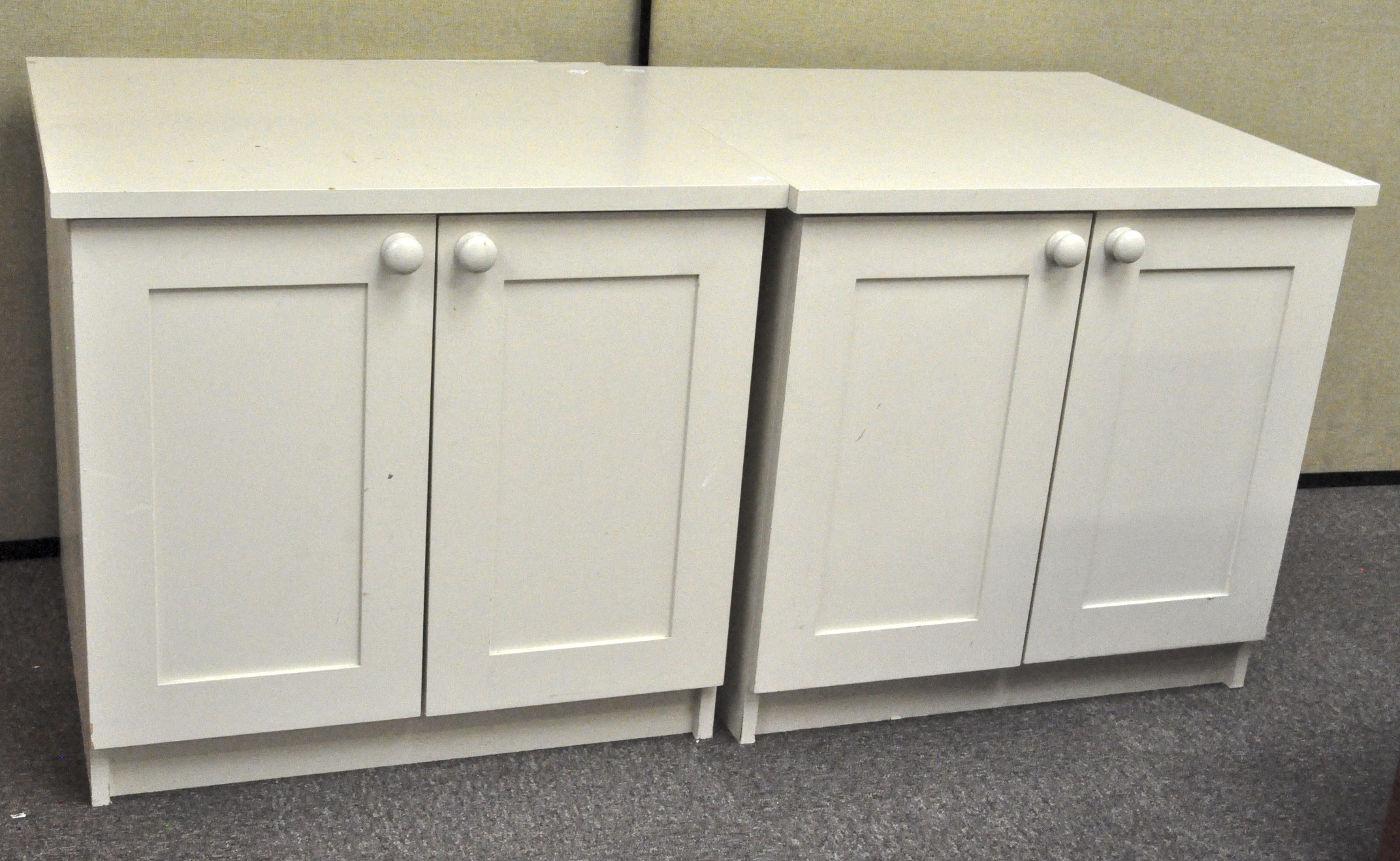 Two contemporary white painted two door cupboards, 67.5 cm x 73 cm wide x 65.