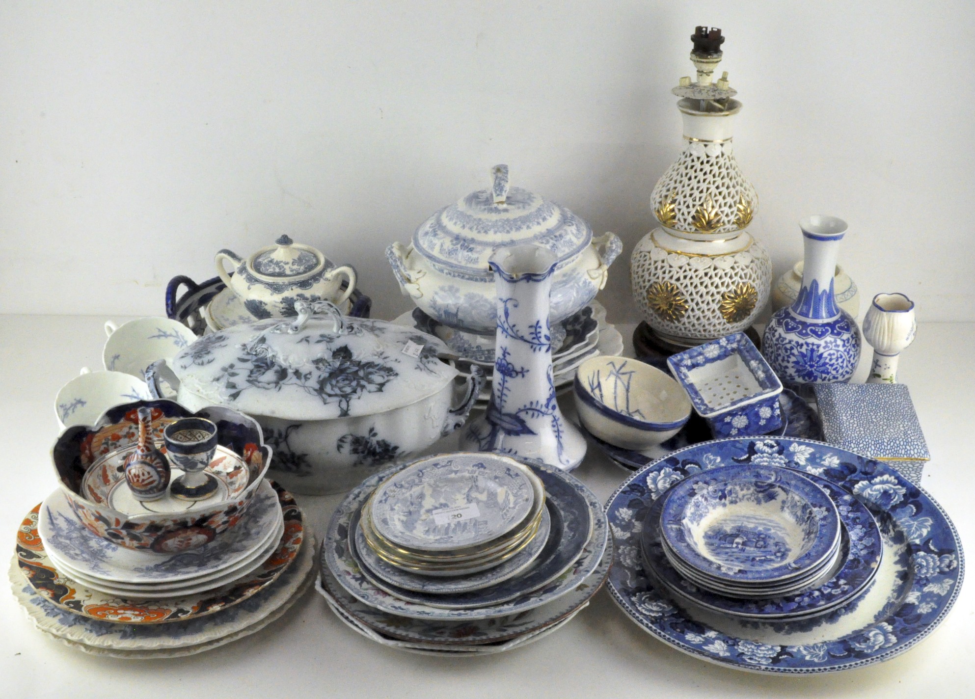 A large collection of blue and white ceramics, including: Staffordshire pottery tureens,