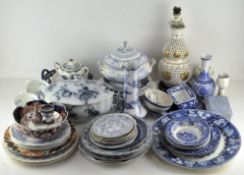 A large collection of blue and white ceramics, including: Staffordshire pottery tureens,