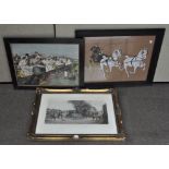 Three contemporary prints, one depicting people at races,
