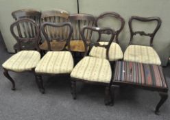 A large selection of various chairs including five upholstered dining chairs,