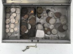 Tin of various 19th & 20th century coins of various currencies, shapes,