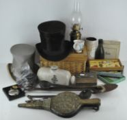 A group of collectable's including two top hats by Christys' and Bennett's,