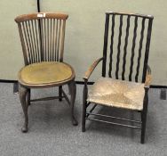 Two Arts and Crafts style chairs including a low chair with wavy vertical back rails,