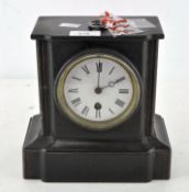 Late 19th century slate mantle clock with white enamel dial and key,