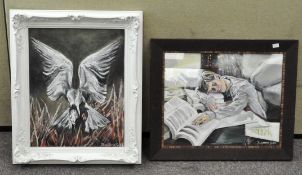 Two paintings, oil on canvas, by Raymond Guffie, 'Sleeping Genius', 40 x 50 cm,
