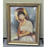 A 20th century oil on canvas, depicting a girl wearing a white dress and hat, unsigned,
