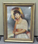 A 20th century oil on canvas, depicting a girl wearing a white dress and hat, unsigned,