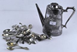 A selection of silver plated flatware together with two silver spoons and a silver plated teapot