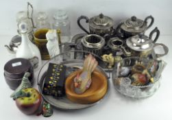 A collection of silver plated tea wares, a picture frame, a tray, 53 cm wide, and other items